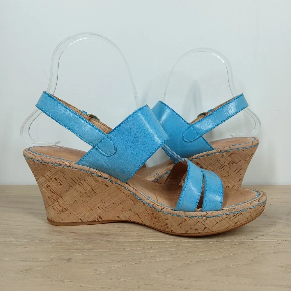 Born Wedge Sandals Womens 8 Blue Leather Cork Platform Slingback Opanka Strappy